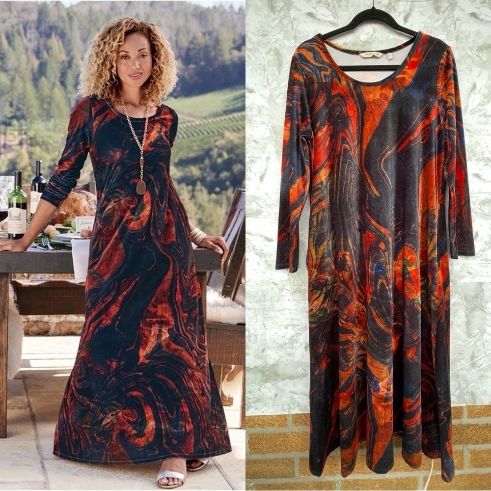 Soft Surroundings Santiago Abstract Rust Velvet Scoop Neck Maxi Dress size large